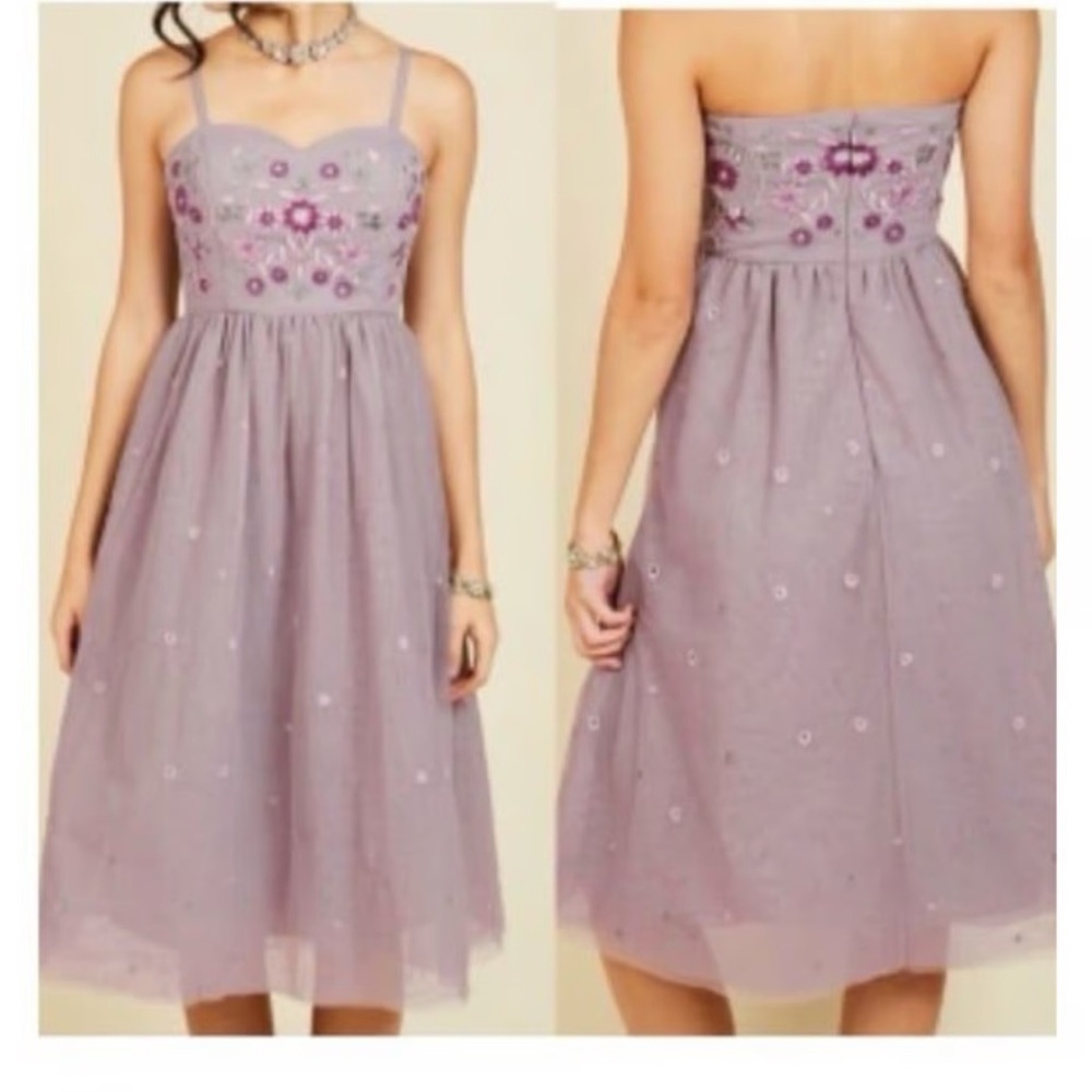 Mod Cloth Elegant Purple Dress women XS embroidered cocktail event tulle straps